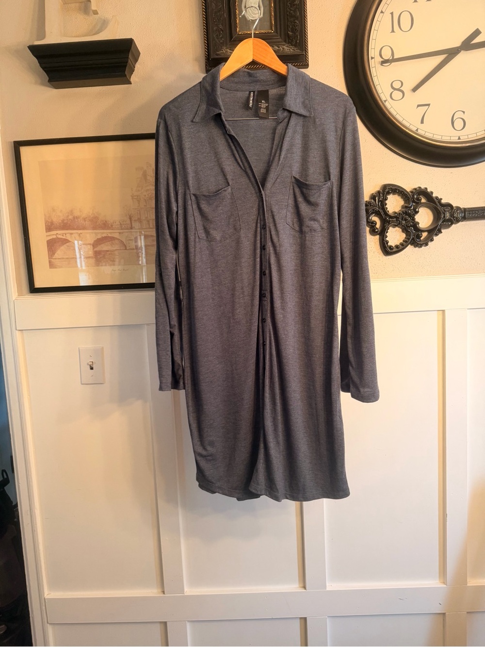 Long Button-Up Shirt Dress in Heathered Blue k425